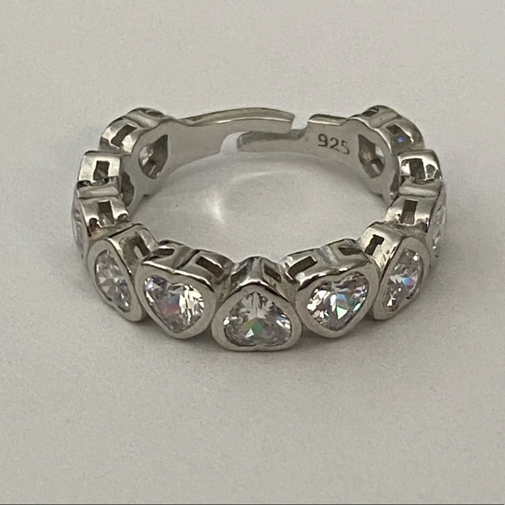 925 Silver heart ring 5.75 band size adjustable cz stones